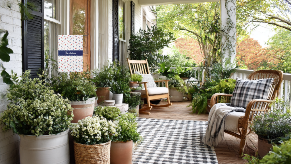charming front porch decor with layered planters and personalized garden flag