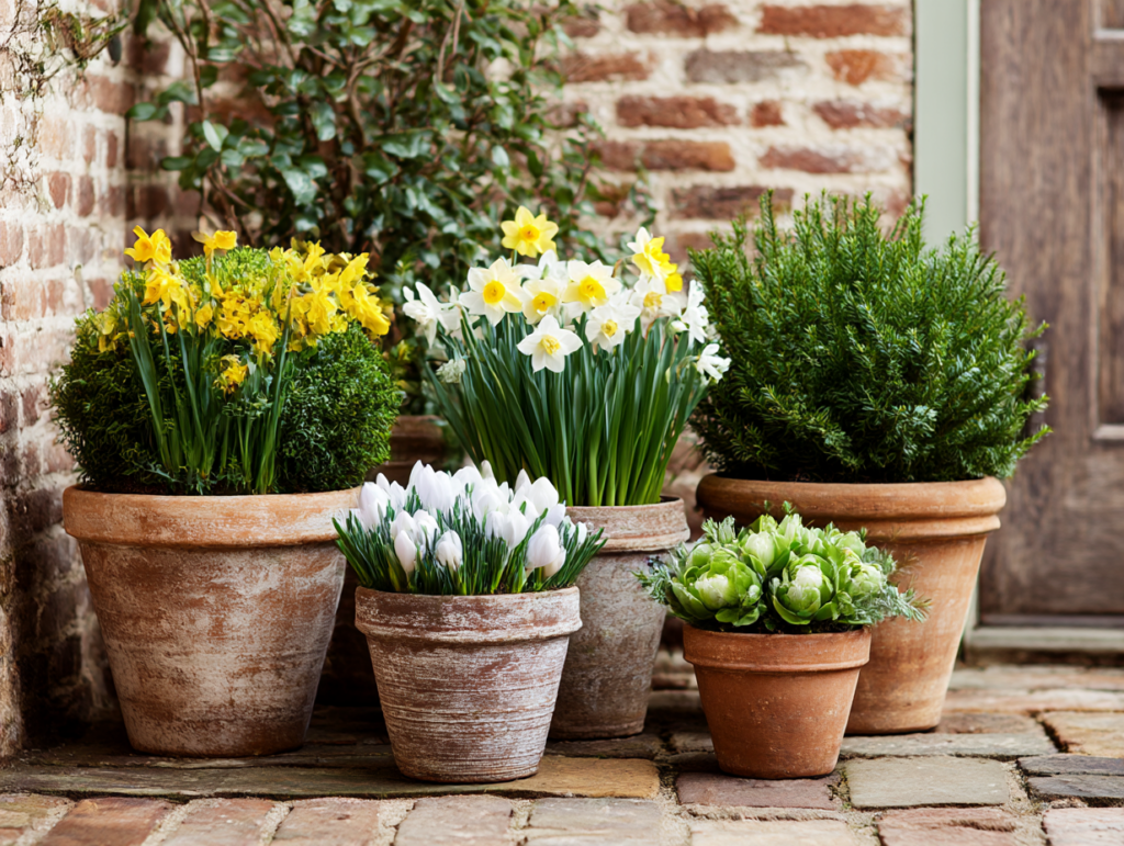 spring front entry landscaping with pastel flower pots and garden flag