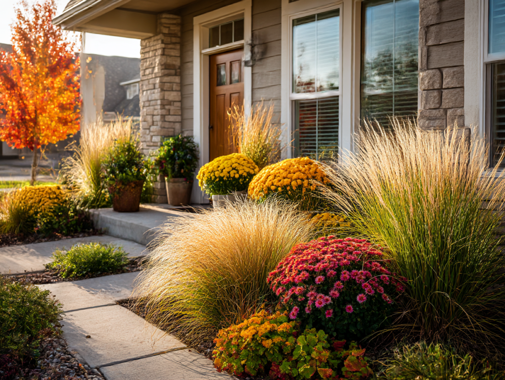 autumn-inspired front entry landscaping with mums and rustic elements